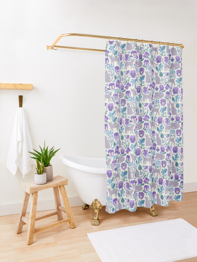 Thumbnail 3 of 5, Shower Curtain, Pansies, cats and forget-me-nots - cute cat pattern on white by Cecca Designs designed and sold by Cecca-Designs.