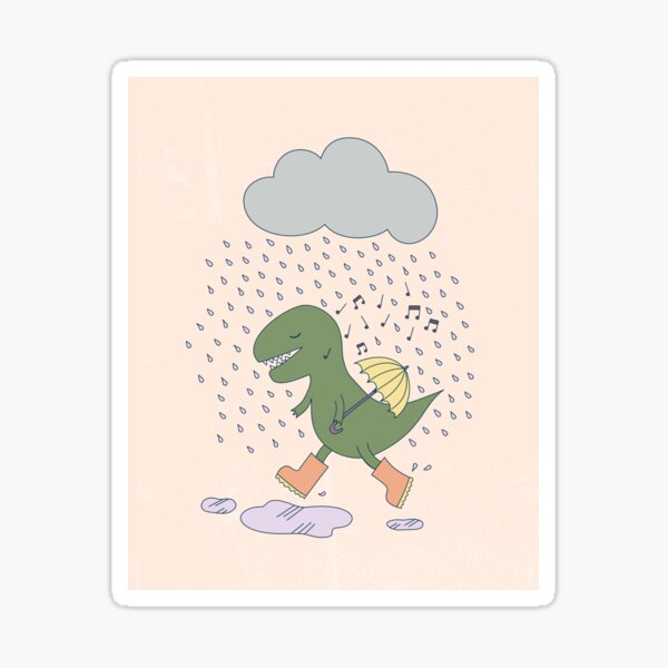 Dinosaur Singing in the rain - cute Dino illustration by Cecca Designs Sticker
