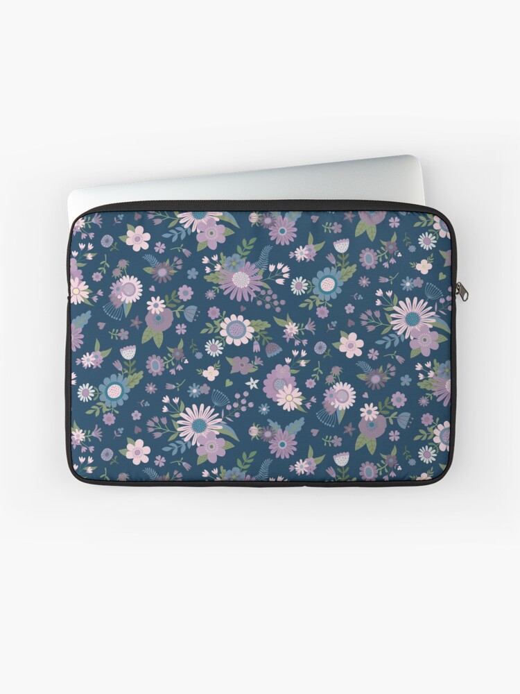 Thumbnail 1 of 2, Laptop Sleeve, Pretty Spring bouquets - pink and mauve pattern on navy by Cecca Designs designed and sold by Cecca-Designs.