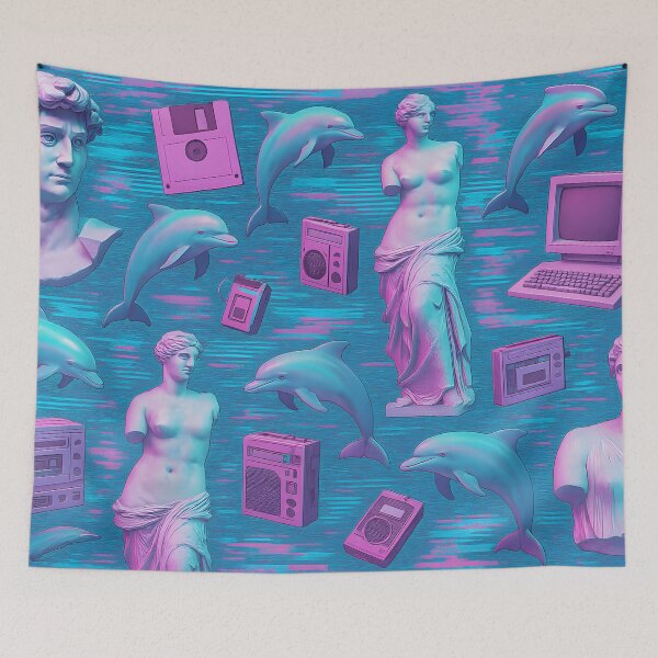 Item preview,  Vaporwave Collage Pattern – Pink Blue Statues and Dolphins designed and sold by SassyArtistry.