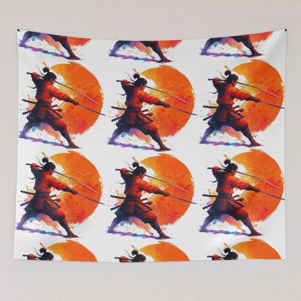 Item preview, Samurai Duel Pose with Abstract Fiery Background designed and sold by ArtfulWeave.