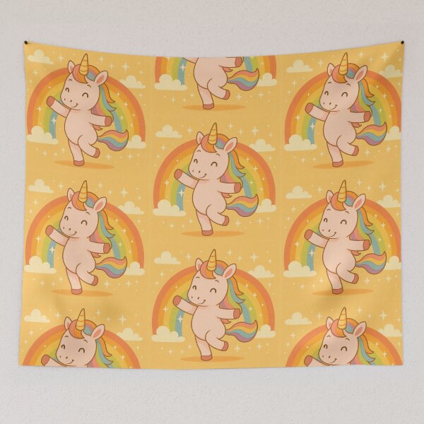 Item preview, Baby unicorn dancing in front of a rainbow designed and sold by leilazarus.