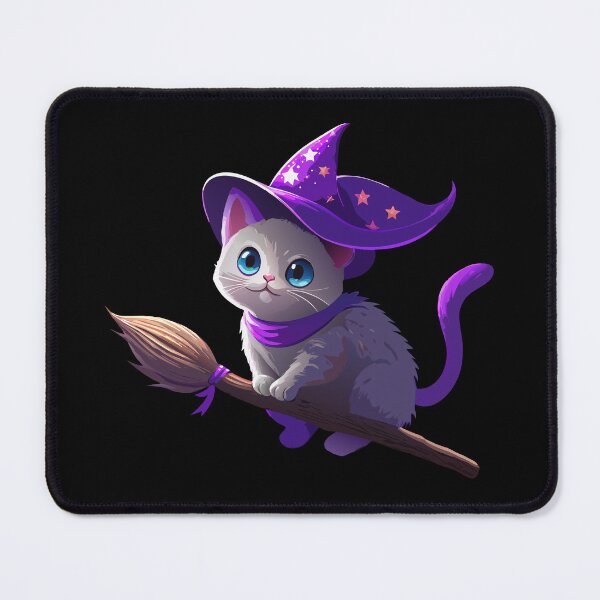 Item preview, generated with AI from my own picture , a cute white cat on a witch's broom with a purple bow and a purple hat designed and sold by katecheerycake.