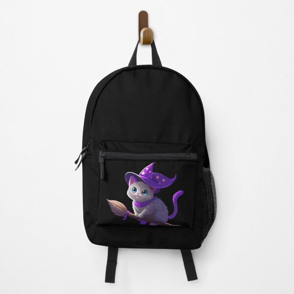 Item preview, generated with AI from my own picture , a cute white cat on a witch's broom with a purple bow and a purple hat designed and sold by katecheerycake.