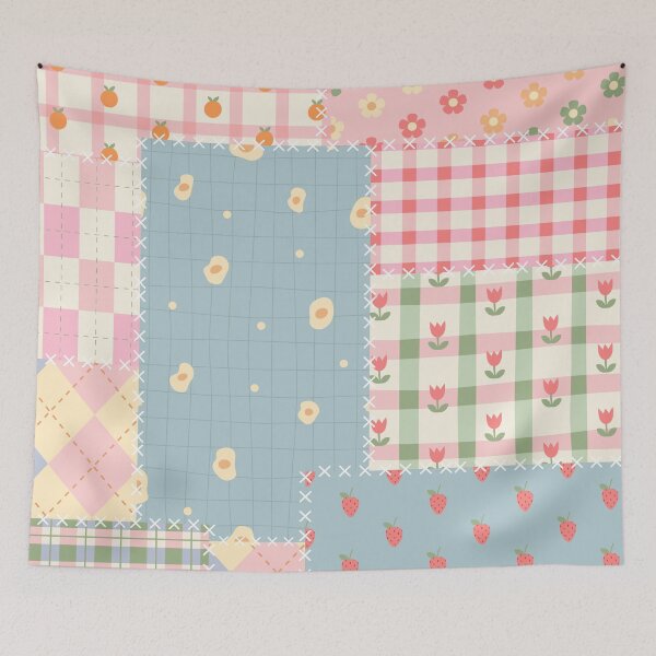 Item preview, Colorful Cozy Patchwork Quilt Plaid, Fruit & Floral Patterns with Stitch Details  designed and sold by WonderweissStudio.