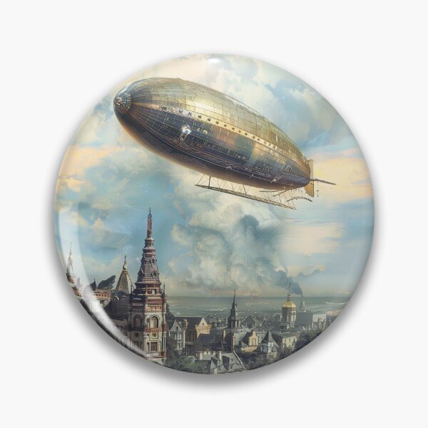 Item preview, Steampunk zeppelin flying over a city designed and sold by Made-by-Gus.