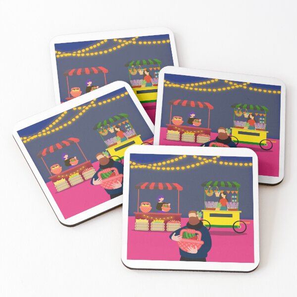 Item preview, mercado, mercado nocturno, compras locales, comida callejera, frutas, verduras, luces, comunidad, artesanías, diseño colorido, escena urbana, negocios pequeños, cultura local, ambiente cálido, canasta designed and sold by nicollepico.