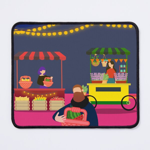 Item preview, mercado, mercado nocturno, compras locales, comida callejera, frutas, verduras, luces, comunidad, artesanías, diseño colorido, escena urbana, negocios pequeños, cultura local, ambiente cálido, canasta designed and sold by nicollepico.
