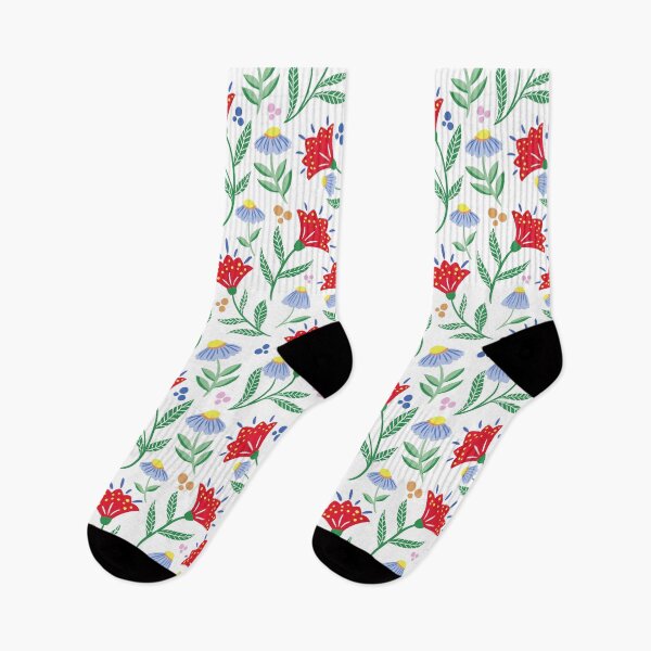 Artikelvorschau, Rotes, lebendiges, farbenfrohes Blumenmuster für den Sommer, Blumendesign, moderne, trendige Früchte, skandinavische Volkskunst entworfen und verkauft von Natasha May Design.