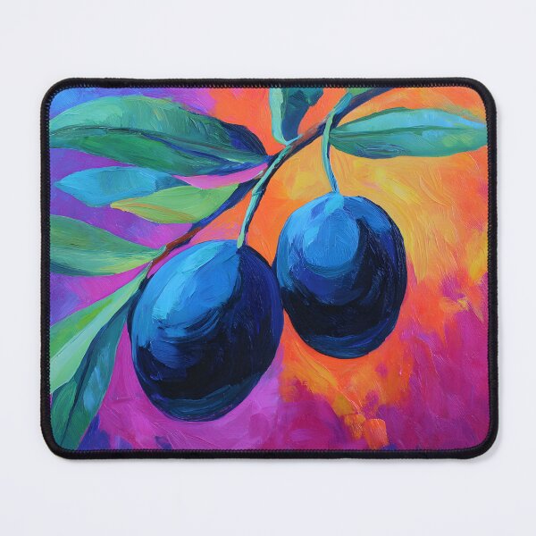 Item preview, Lush Olive Branch with Black Olives - Vibrant Green Leaves and Bold Blue Orange Pink Abstract AI Art designed and sold by OlfactoART Studio.