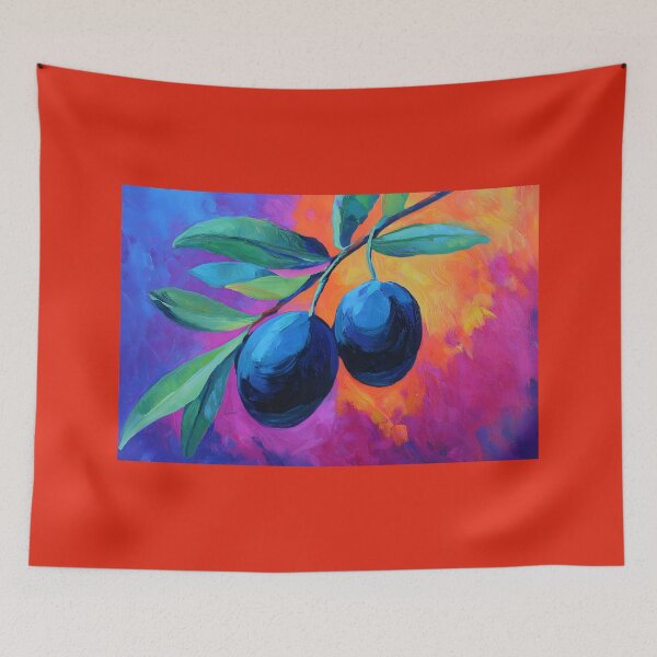 Item preview, Lush Olive Branch with Black Olives - Vibrant Green Leaves and Bold Blue Orange Pink Abstract AI Art designed and sold by OlfactoART Studio.