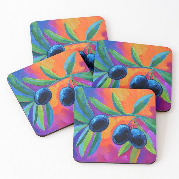Item preview, Vibrant Olive Branch Glow - Dark Olives and Lush Green Leaves Against Bold Orange and Purple designed and sold by OlfactoART Studio.
