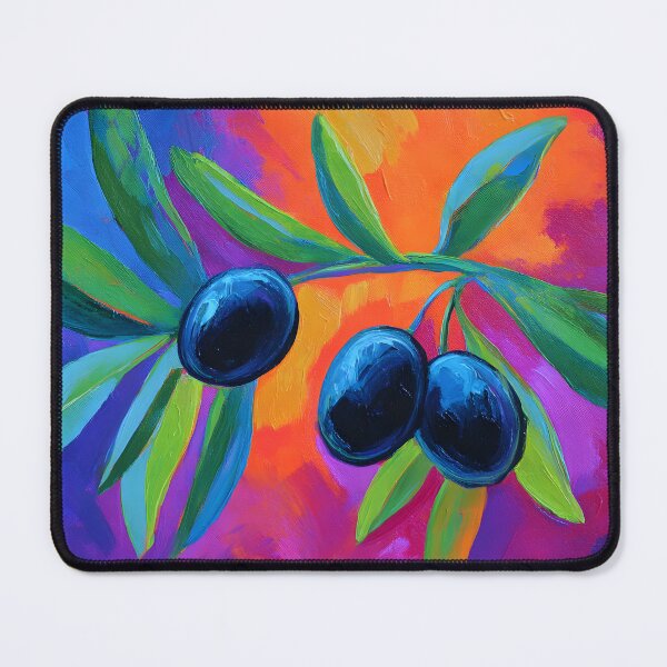 Item preview, Vibrant Olive Branch Glow - Dark Olives and Lush Green Leaves Against Bold Orange and Purple designed and sold by OlfactoART Studio.