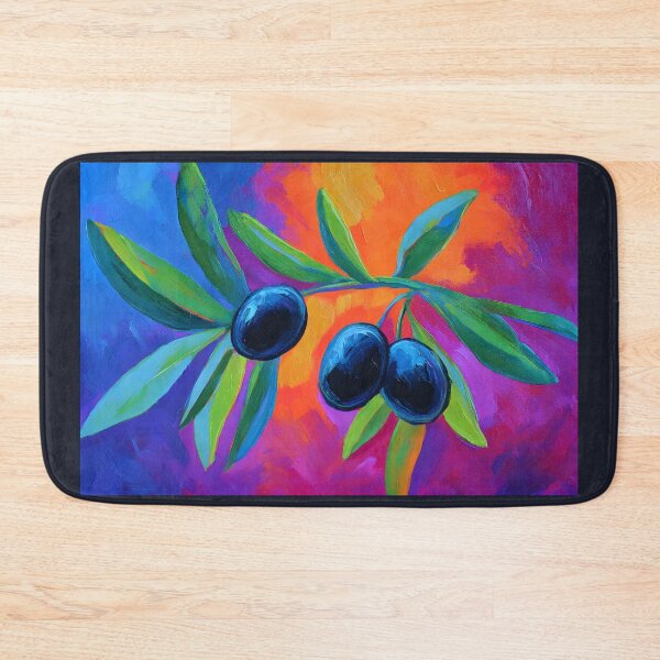 Item preview, Vibrant Olive Branch Glow - Dark Olives and Lush Green Leaves Against Bold Orange and Purple designed and sold by OlfactoART Studio.