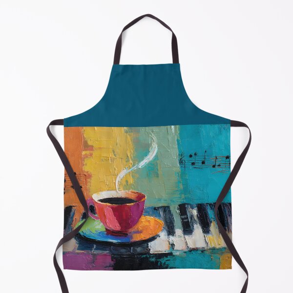 Artikelvorschau, Leuchtend rote Kaffeetasse auf Klaviertasten mit schwebenden Musiknoten – Kräftige abstrakte Komposition in satten, harmonischen Farben, digitale KI-Kunst entworfen und verkauft von OlfactoART Studio.