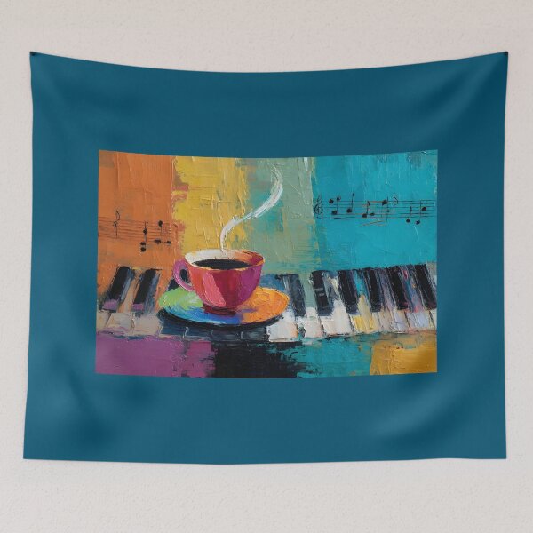 Artikelvorschau, Leuchtend rote Kaffeetasse auf Klaviertasten mit schwebenden Musiknoten – Kräftige abstrakte Komposition in satten, harmonischen Farben, digitale KI-Kunst entworfen und verkauft von OlfactoART Studio.