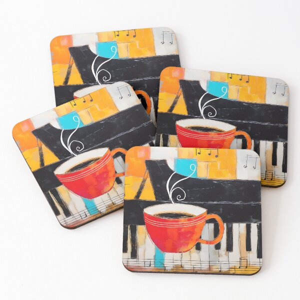 Item preview, Whimsical Coffee and Piano Melody - Vibrant Red Cup with Musical Notes and Bold Colorful Blocks designed and sold by OlfactoART Studio.