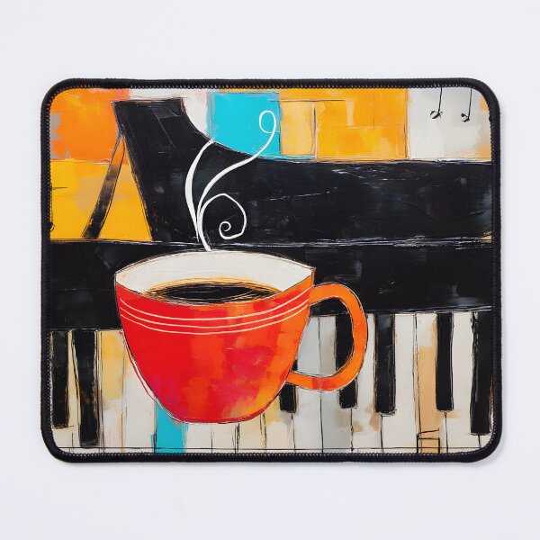 Item preview, Whimsical Coffee and Piano Melody - Vibrant Red Cup with Musical Notes and Bold Colorful Blocks designed and sold by OlfactoART Studio.