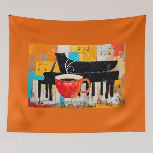 Item preview, Whimsical Coffee and Piano Melody - Vibrant Red Cup with Musical Notes and Bold Colorful Blocks designed and sold by OlfactoART Studio.