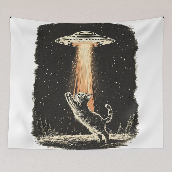 Item preview, Retro UFO Beaming Up a Cat Vintage Alien designed and sold by Jcat7.