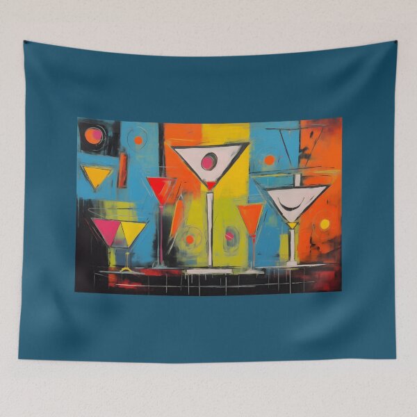 Item preview, Bold Geometric Cocktail Glasses with Playful Circles and Vibrant Blue Orange and Yellow Backdrop designed and sold by OlfactoART Studio.