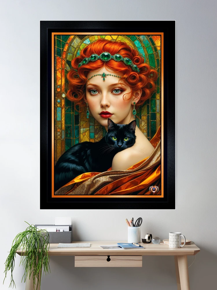 Belle Epoque Portrait Of Ellsie Rhyline And Her Black Cat Enchanting AI Concept Art by Xzendor7 Room Decor Poster Art Print