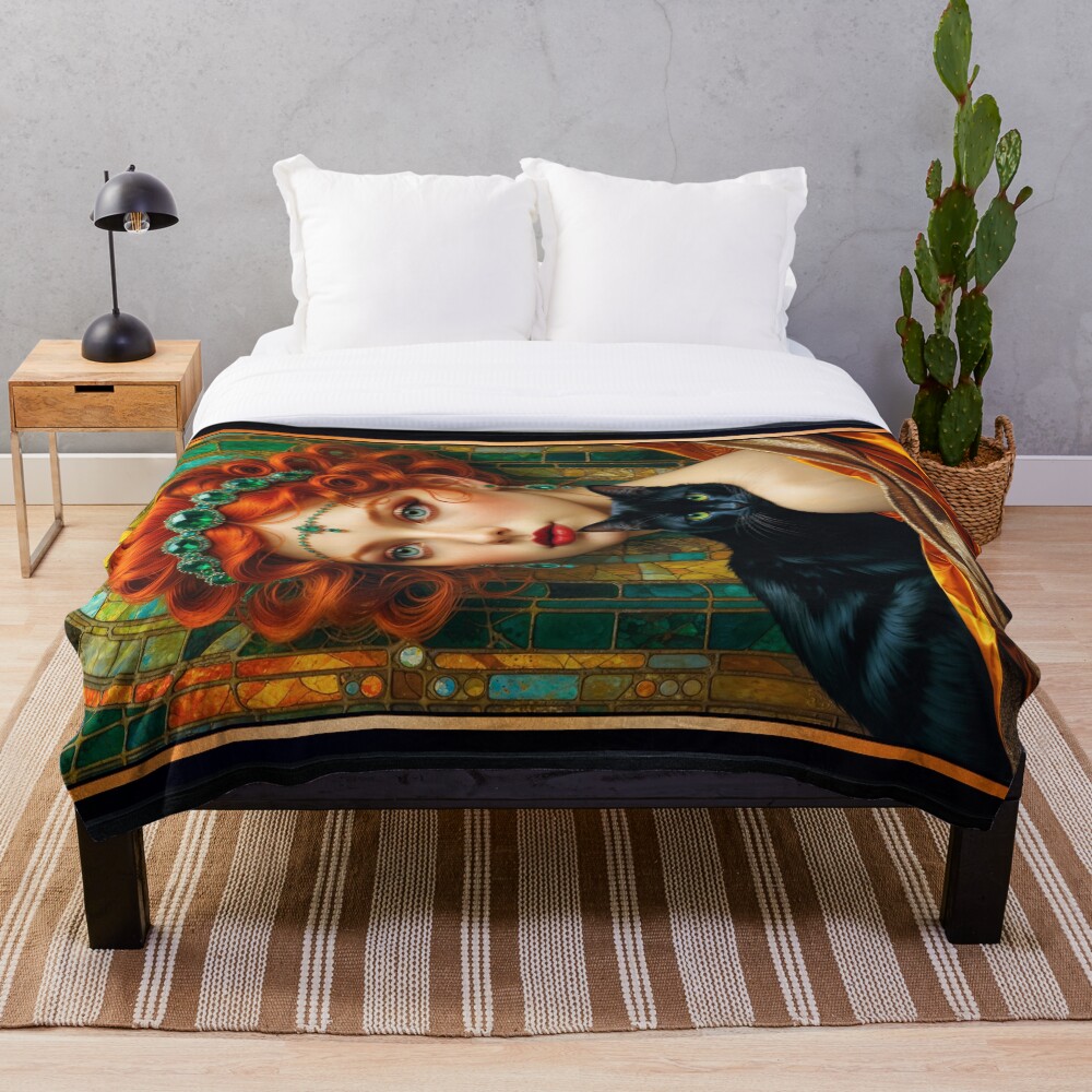 Belle Epoque Portrait Of Ellsie Rhyline And Her Black Cat Enchanting AI Concept Art by Xzendor7 Decorative Art Print Throw Blanket