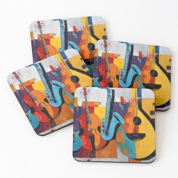 Item preview, Vibrant Musical Ensemble Guitar Violin Saxophone Bass and Arabic Oud- Bold Geometric Abstract Art designed and sold by OlfactoART Studio.