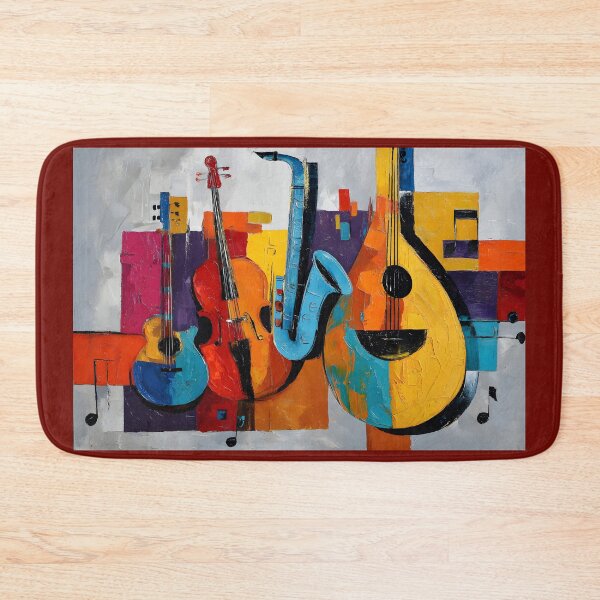 Item preview, Vibrant Musical Ensemble Guitar Violin Saxophone Bass and Arabic Oud- Bold Geometric Abstract Art designed and sold by OlfactoART Studio.