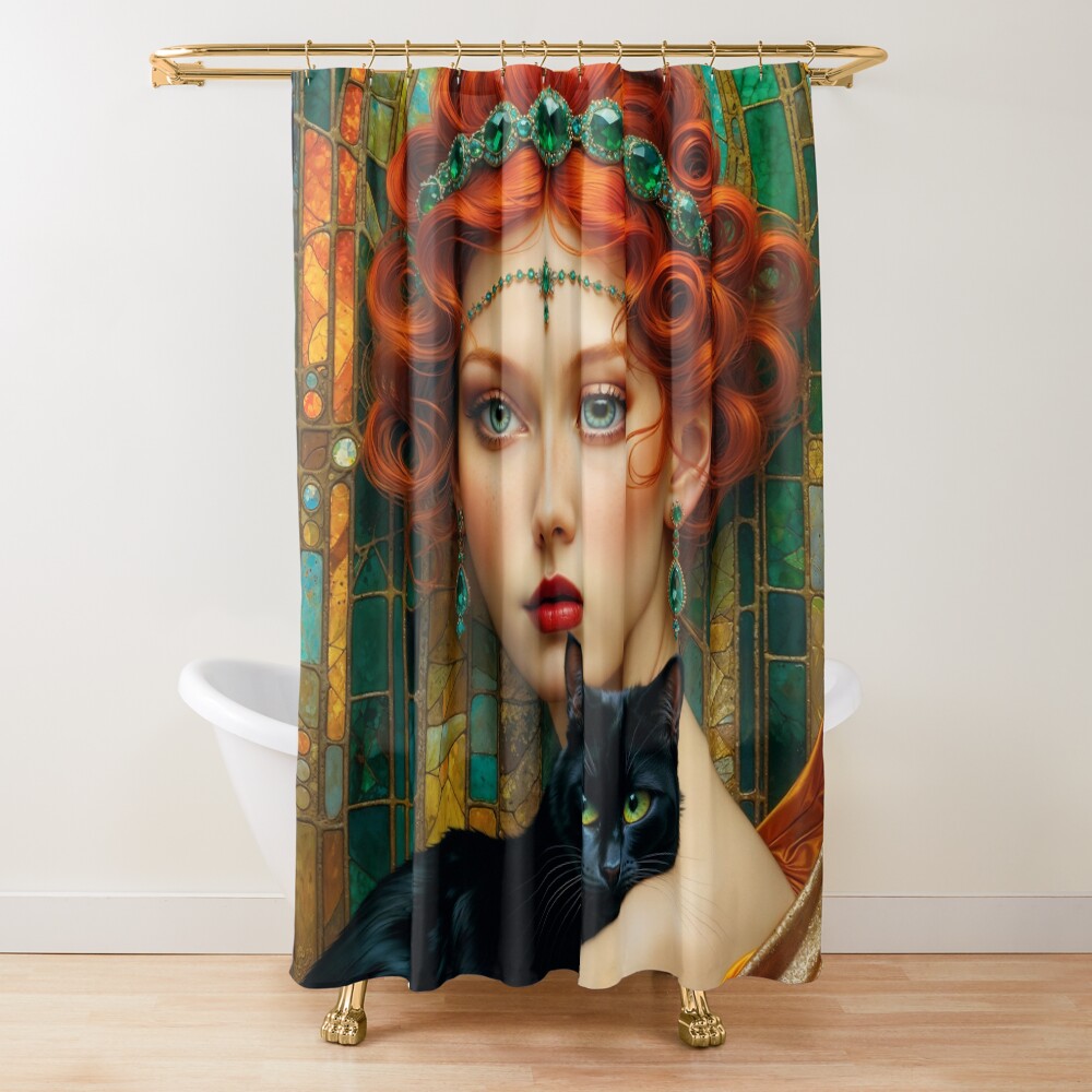 Belle Epoque Portrait Of Ellsie Rhyline And Her Black Cat Enchanting AI Concept Art by Xzendor7 Decorative Art Print Shower Curtain