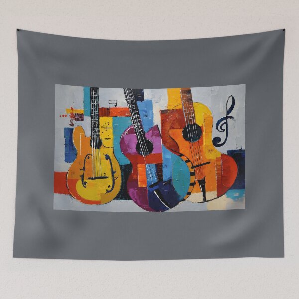 Item preview, Three Vibrant Abstract Guitars in Bright Yellow Purple and Orange Against Dynamic Geometric Shapes designed and sold by OlfactoART Studio.