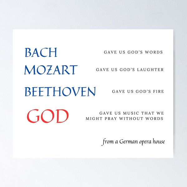 Vista previa del artículo con la obra «Bach, Mozart, Beethoven y Dios», diseñado y vendido por PianoProfessor.