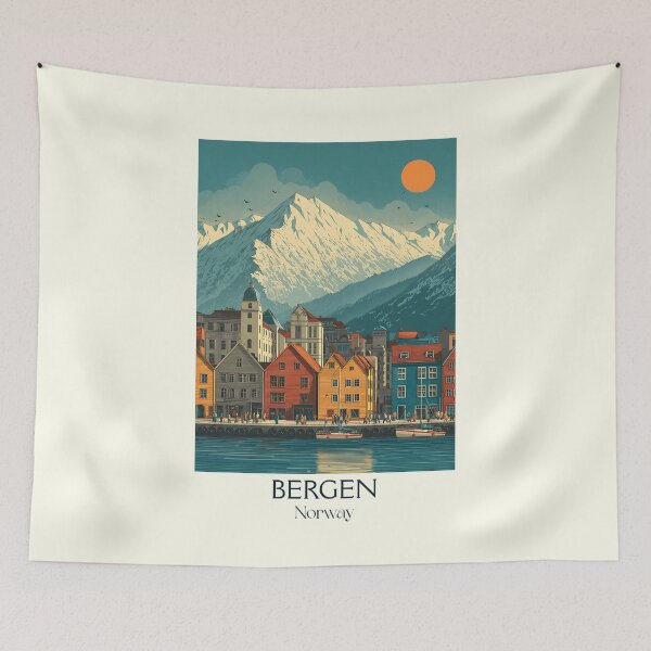 Item preview, Bergen Norway Bryggen Wharf Poster | Vintage Scandinavian Travel Art designed and sold by TuncGK.