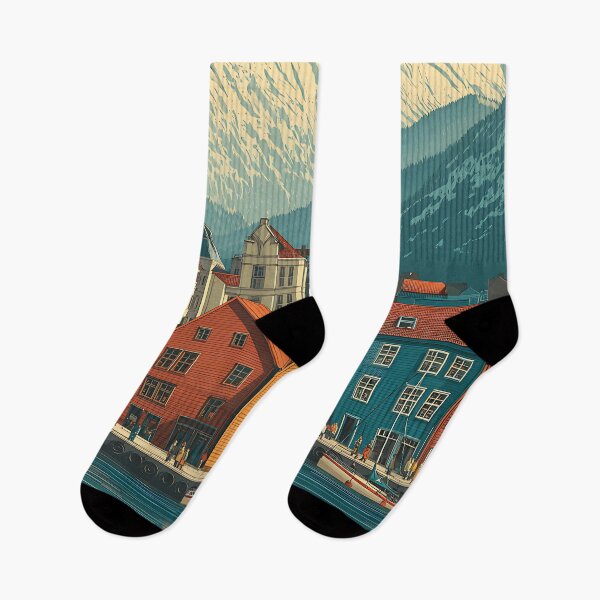 Item preview, Bergen Norway Bryggen Wharf Poster | Vintage Scandinavian Travel Art designed and sold by TuncGK.