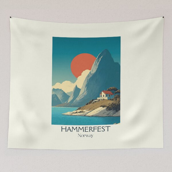 Item preview, Hammerfest Norway Travel Poster | Retro Arctic Coastline Art Print designed and sold by TuncGK.