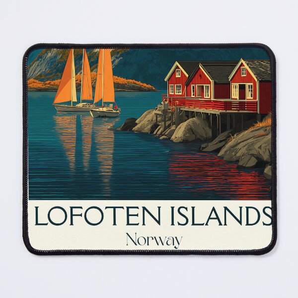Item preview, Lofoten Islands Norway Travel Poster | Retro Rorbuer & Mountains Art designed and sold by TuncGK.