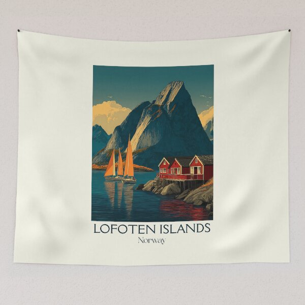 Item preview, Lofoten Islands Norway Travel Poster | Retro Rorbuer & Mountains Art designed and sold by TuncGK.