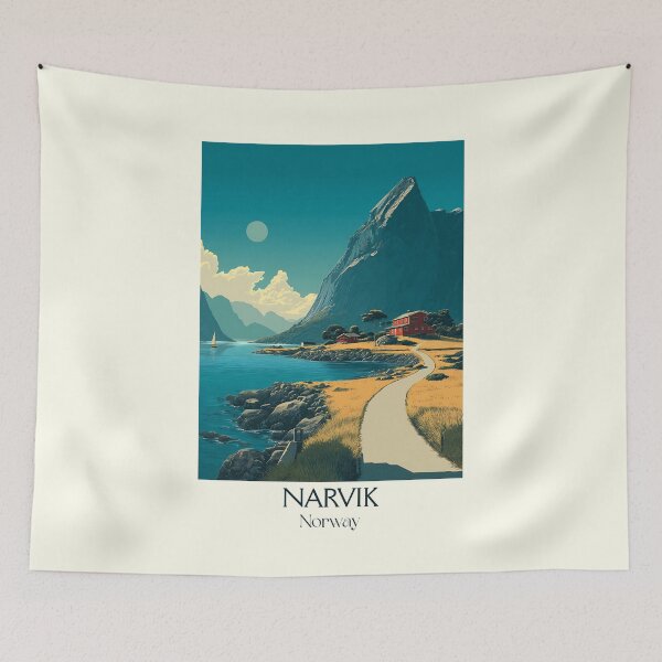 Item preview, Narvik Norway Fjord Poster | Retro Ofotfjord & Mountain Art Print designed and sold by TuncGK.