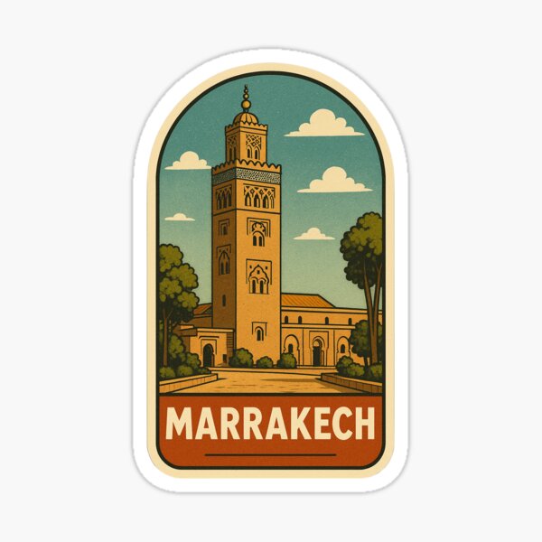 Artikel-Vorschau von Marrakesch Minarett Retro Reise Sticker, designt und verkauft von SugarPix Designs.