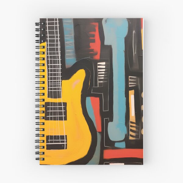 Aperçu de l'œuvre Guitares abstraites audacieuses en jaune et rouge entourées de motifs géométriques dynamiques - Rythme vibrant créée et vendue par OlfactoART Studio.