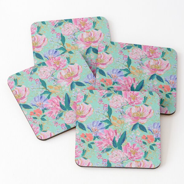 Item preview, Pink peonies on mint background textured oil painting designed and sold by SophieClimaArt.