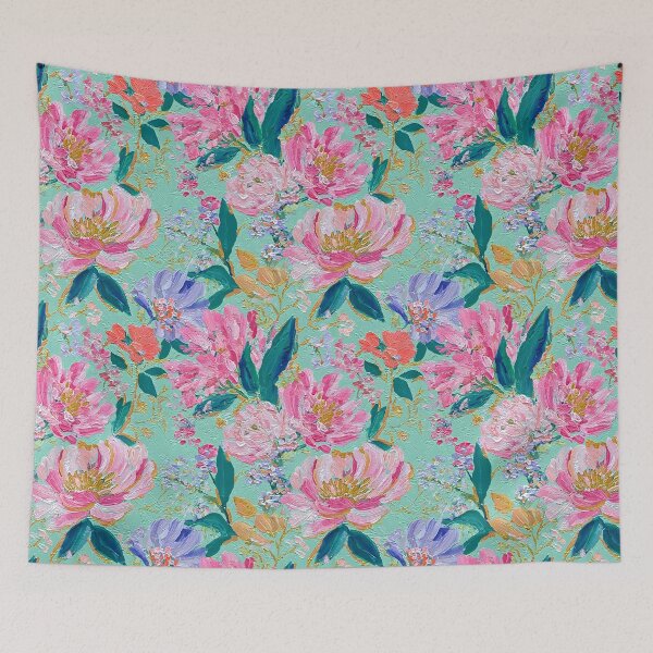 Item preview, Pink peonies on mint background textured oil painting designed and sold by SophieClimaArt.