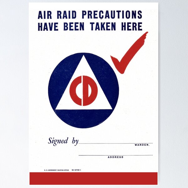 Vista previa del artículo con la obra «Reproducción del póster de Defensa Civil de EE. UU. sobre precauciones contra ataques aéreos durante la Segunda Guerra Mundial», diseñado y vendido por RealPilotDesign.