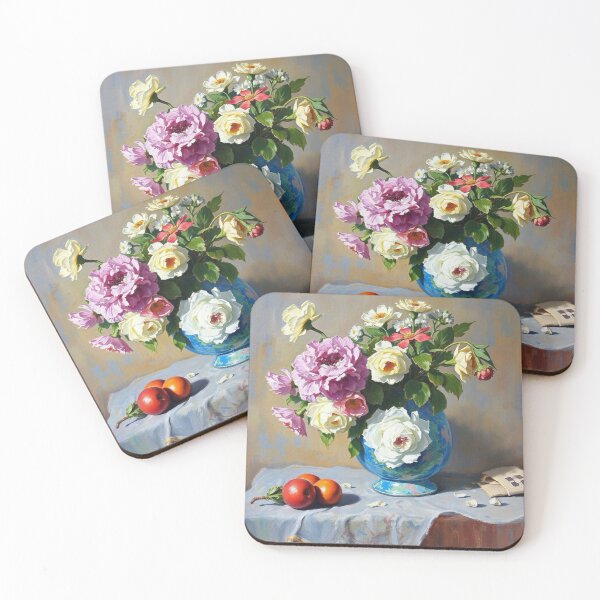 Item preview, Elegant Impressionist Peony Still Life – Blue Vase with Roses and Fruit designed and sold by CARRAANN.