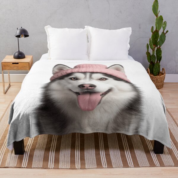Item preview, Cozy Siberian Husky dog Wearing Pink Winter Hat Trendy Animal Fashion Artwork designed and sold by LazyOwlStore.