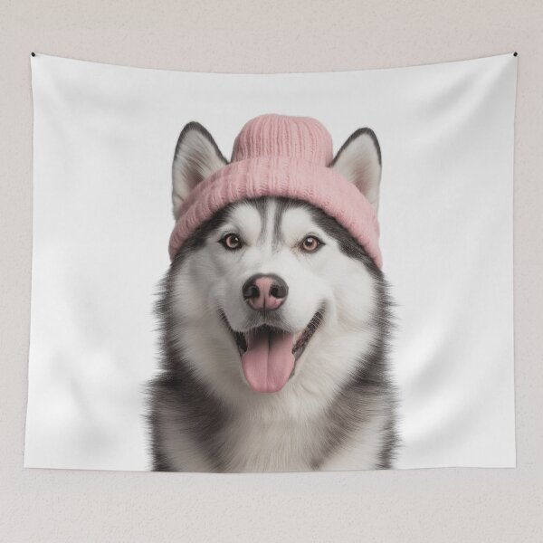 Item preview, Cozy Siberian Husky dog Wearing Pink Winter Hat Trendy Animal Fashion Artwork designed and sold by LazyOwlStore.