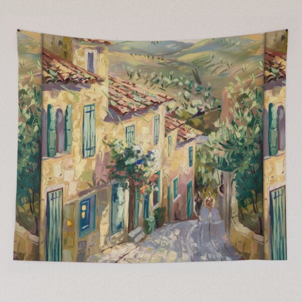 Item preview, Sunlit French Village Lane – Stone Houses and Rolling Hills designed and sold by CARRAANN.