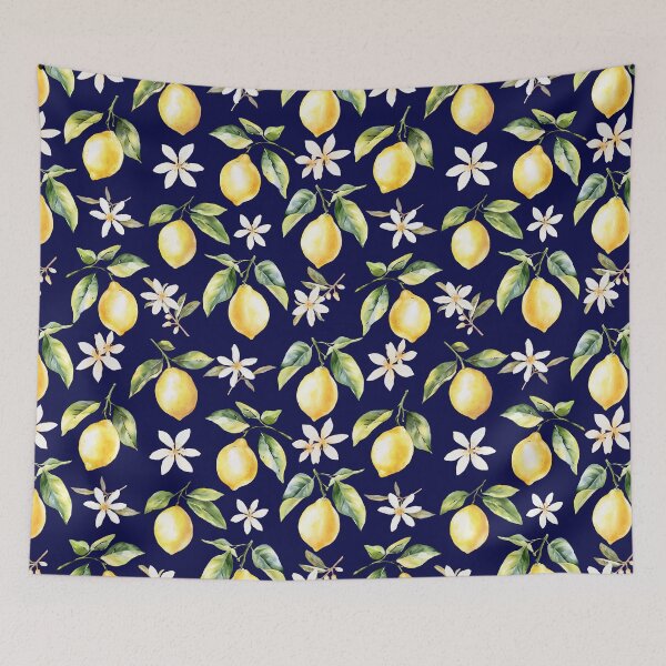 Item preview, Lemon Fruits and Flowers Floral Botanical Pattern on Navy Blue designed and sold by Nature Hues.