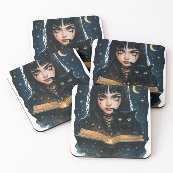 Item preview, Enchanting gothic girl with piercing green eyes and a black cat reading a glowing magical book under the stars and crescent moon, in a fantasy night scene. designed and sold by Chytanka.
