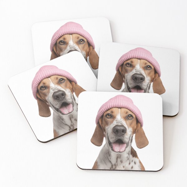 Item preview, Cozy American English Coonhound dog Wearing Pink Winter Hat Trendy Animal Fashion Artwork designed and sold by LazyOwlStore.